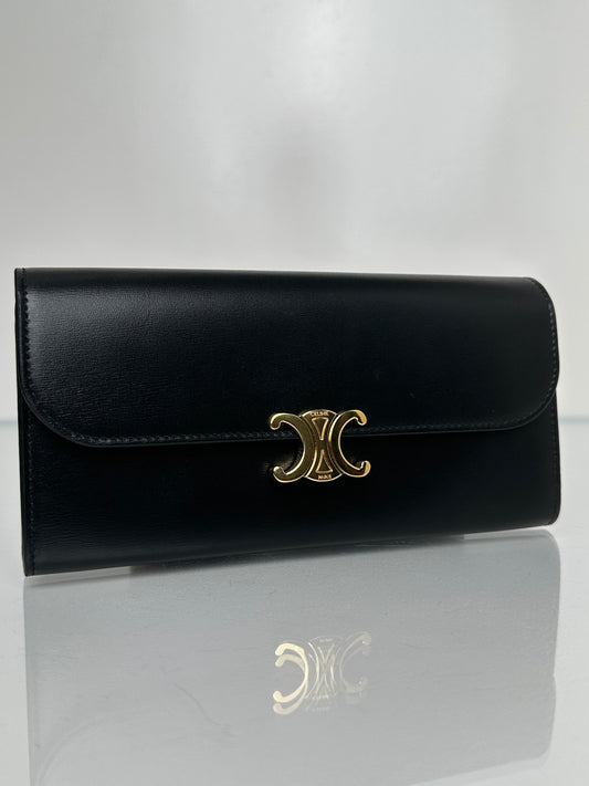 Celine Black Shiny Calfskin Large Triomphe Wallet GHW