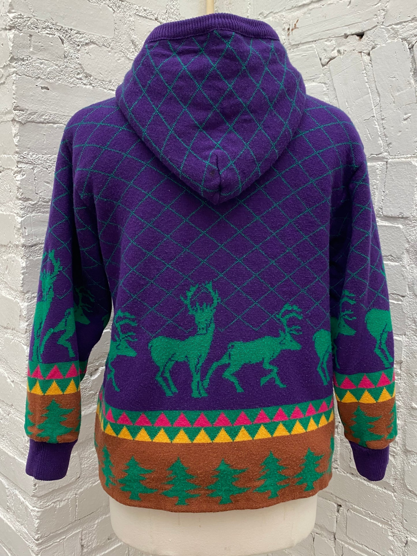 YSL Purple, Green, & Multicolor Deer Pattern Hooded Knit Jacket, EST S/M