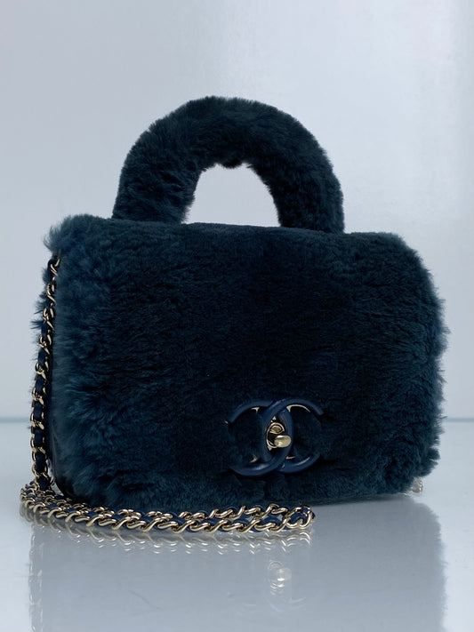Chanel Cosmopolite Top Handle Fur Bag Dark Teal LGHW