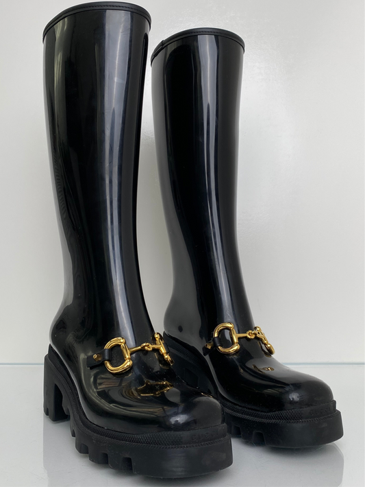 Gucci Black Horsebit Platform Rainboots, 39
