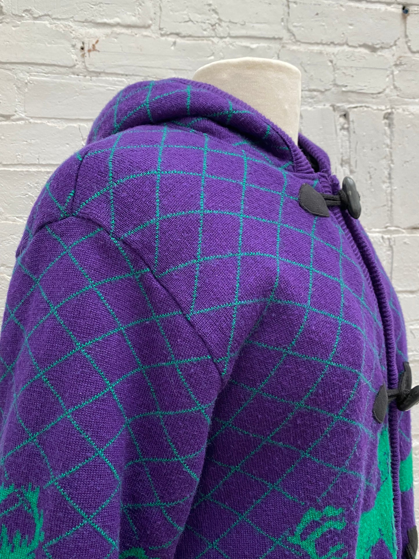 YSL Purple, Green, & Multicolor Deer Pattern Hooded Knit Jacket, EST S/M