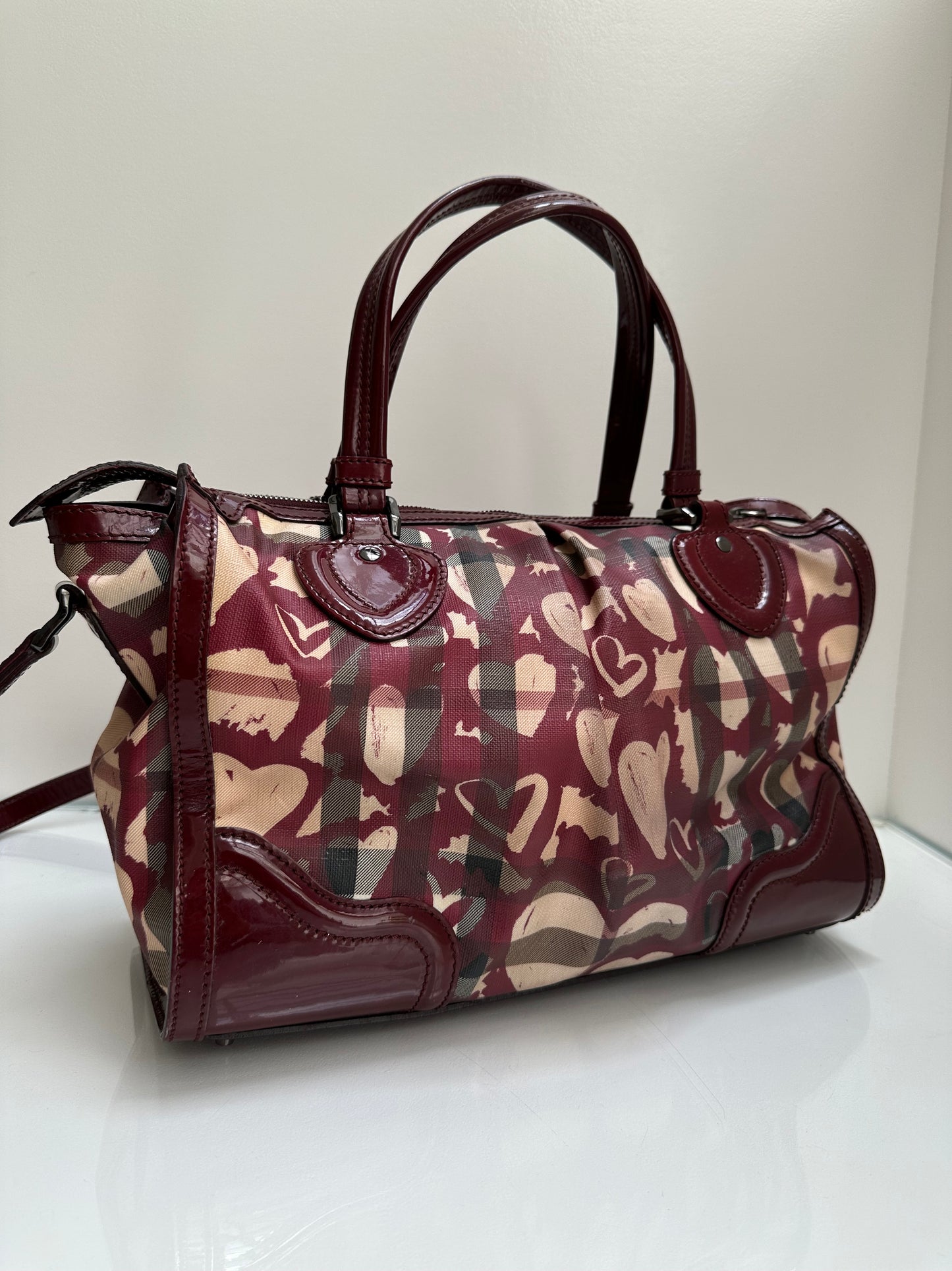 Burberry Red & Beige Canvas & Patent Leather Tote