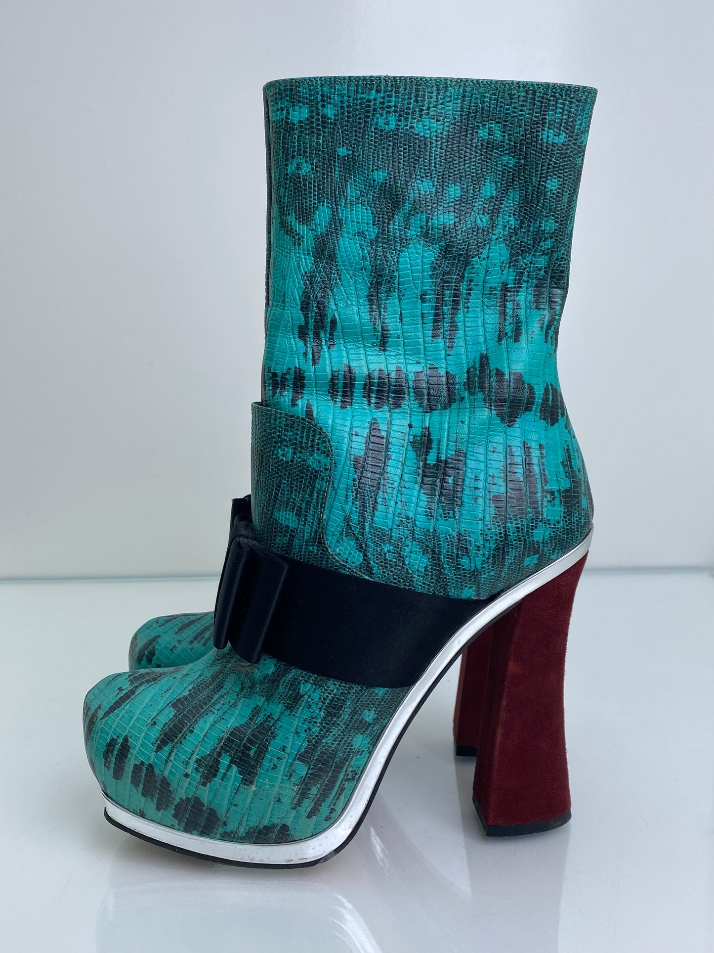 Miu Miu Teal, Black, & Burgundy Exotic Platform Boot Heels, 38