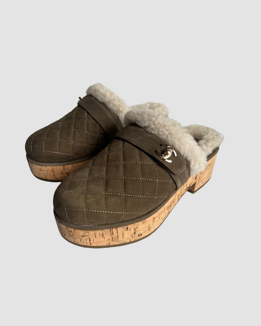 Chanel Suede Shearling Quilted Grey Mules