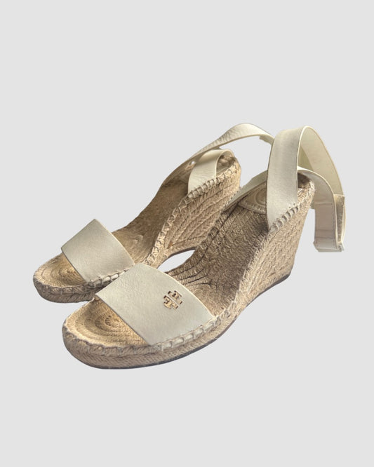 Tory Burch Cream Leather Espadrille Wedge Sandals