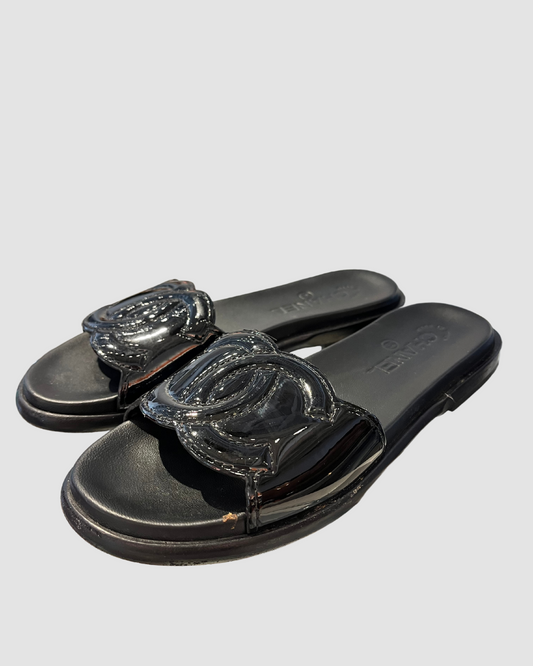 Chanel Black Patent Leather Slides