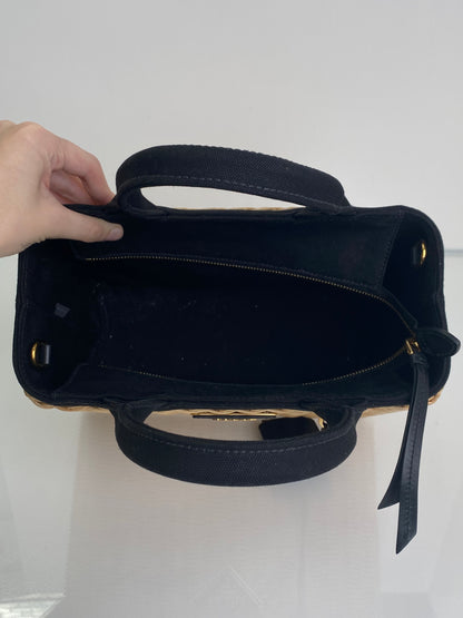 Prada Tan & Black Wicker & Canvas Small Logo Tote Bag GHW