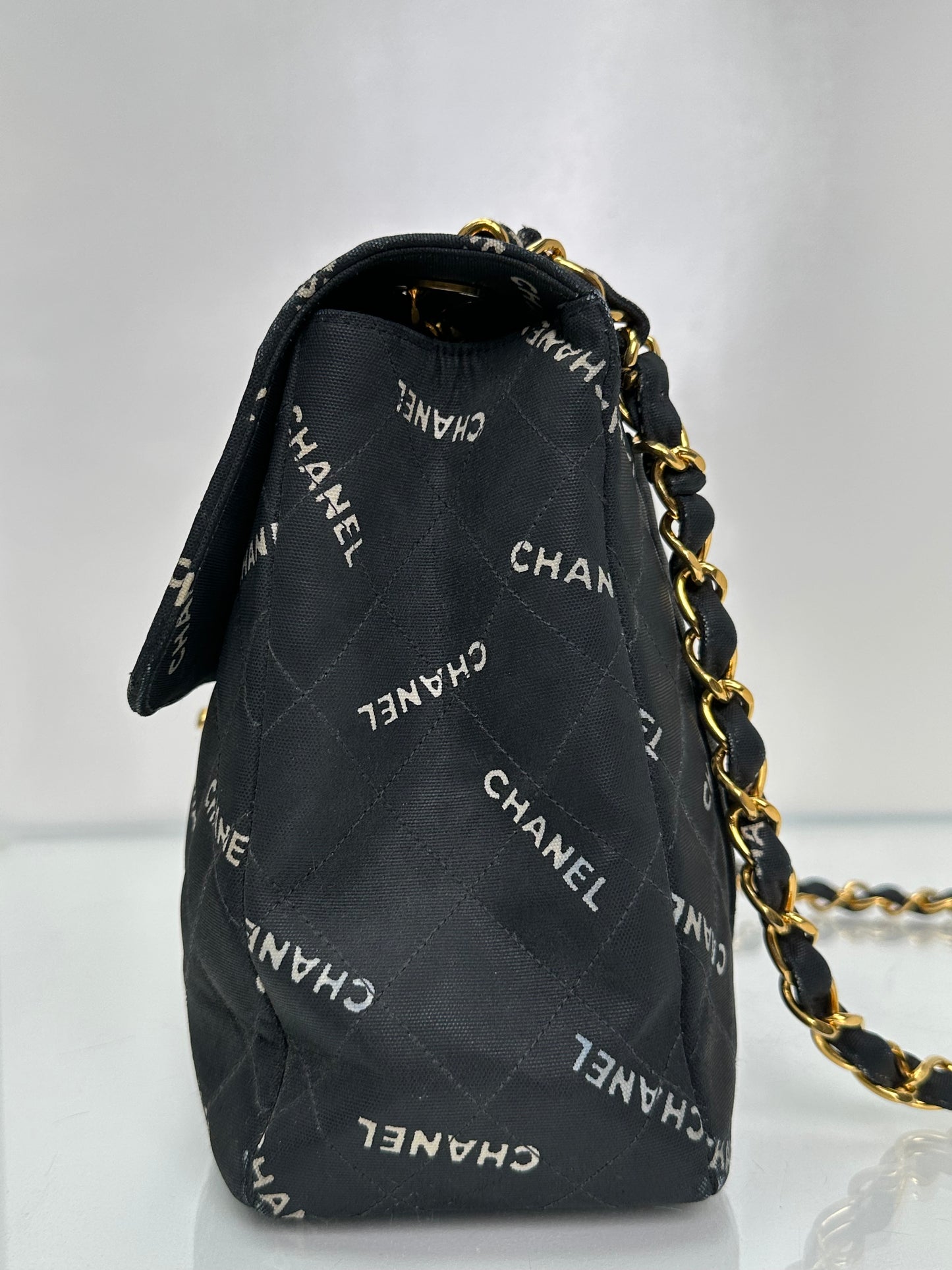 Chanel 1995 Black Canvas “Chanel” Single Flap Maxi Bag 24KGHW