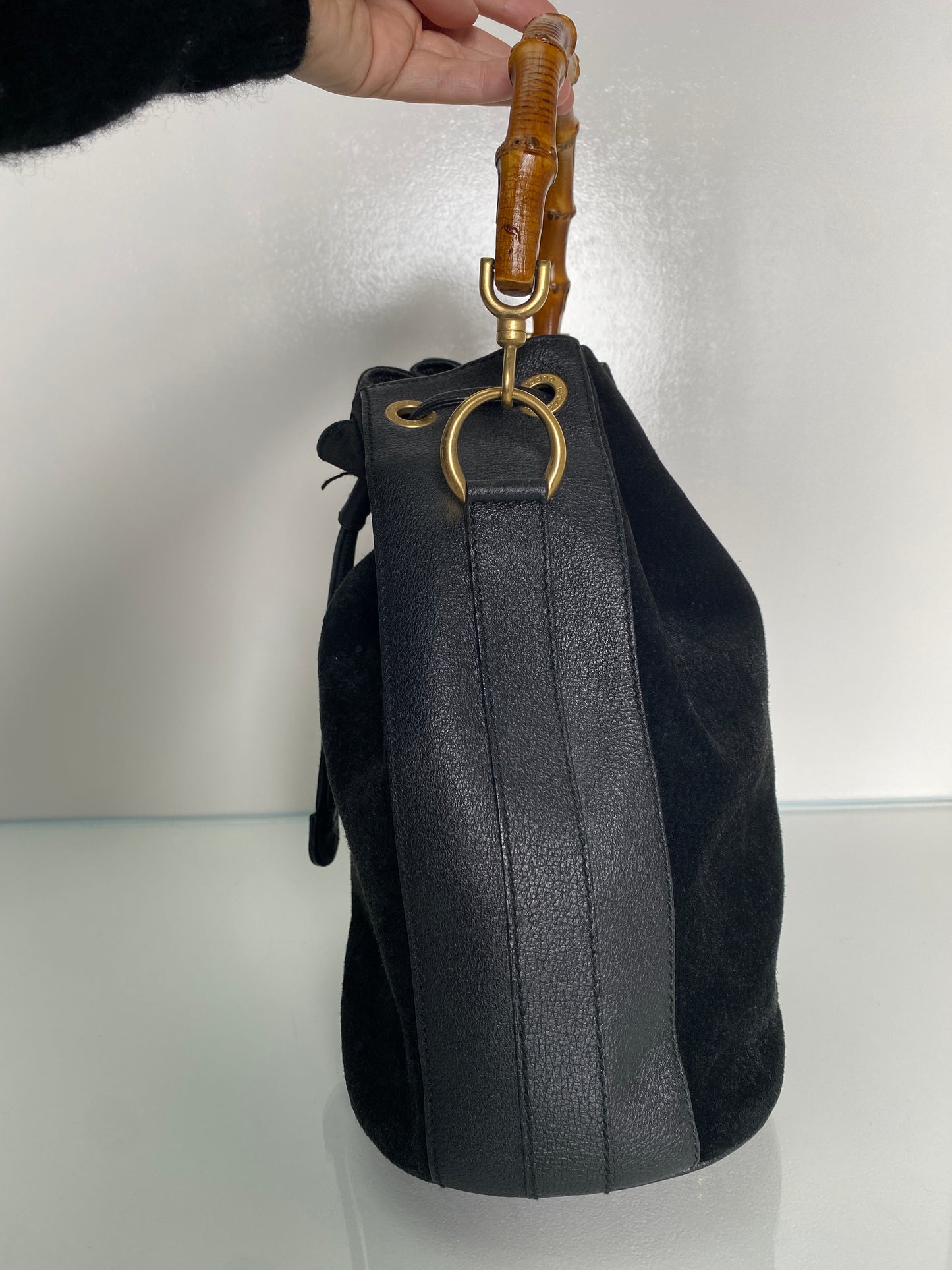Gucci Vinatge Black Suede Bamboo Bucket Bag GHW