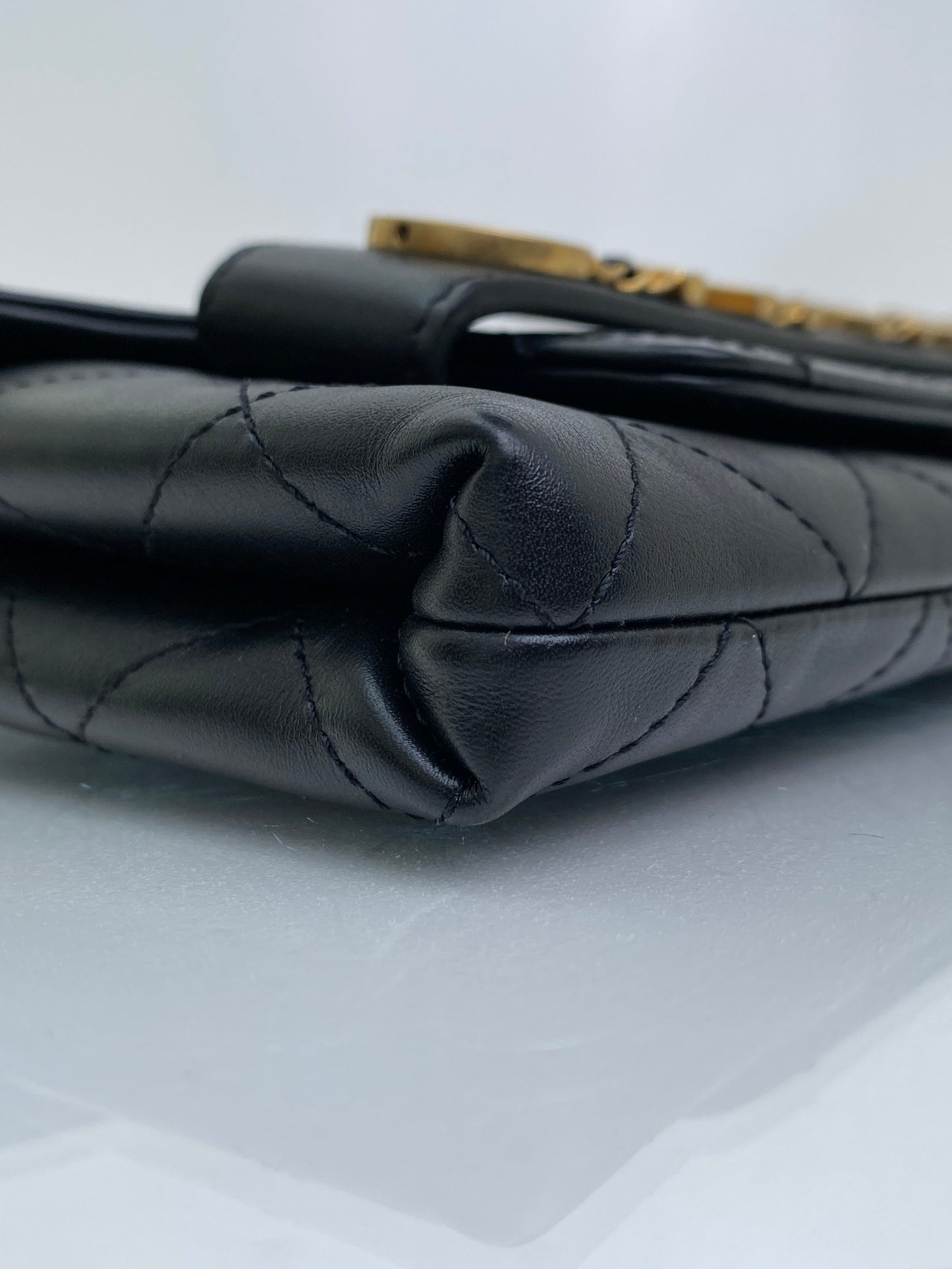 Chanel Black Logo Enchained Flap Quilted Calfskin Clutch GHW