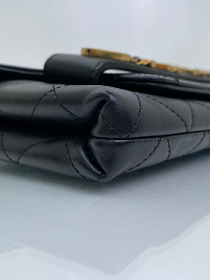 Chanel Black Logo Enchained Flap Quilted Calfskin Clutch GHW