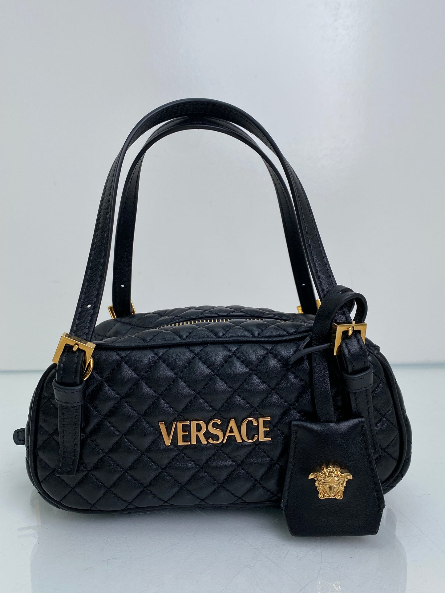 Versace Black Tag Bowling Crossbody Bag GHW