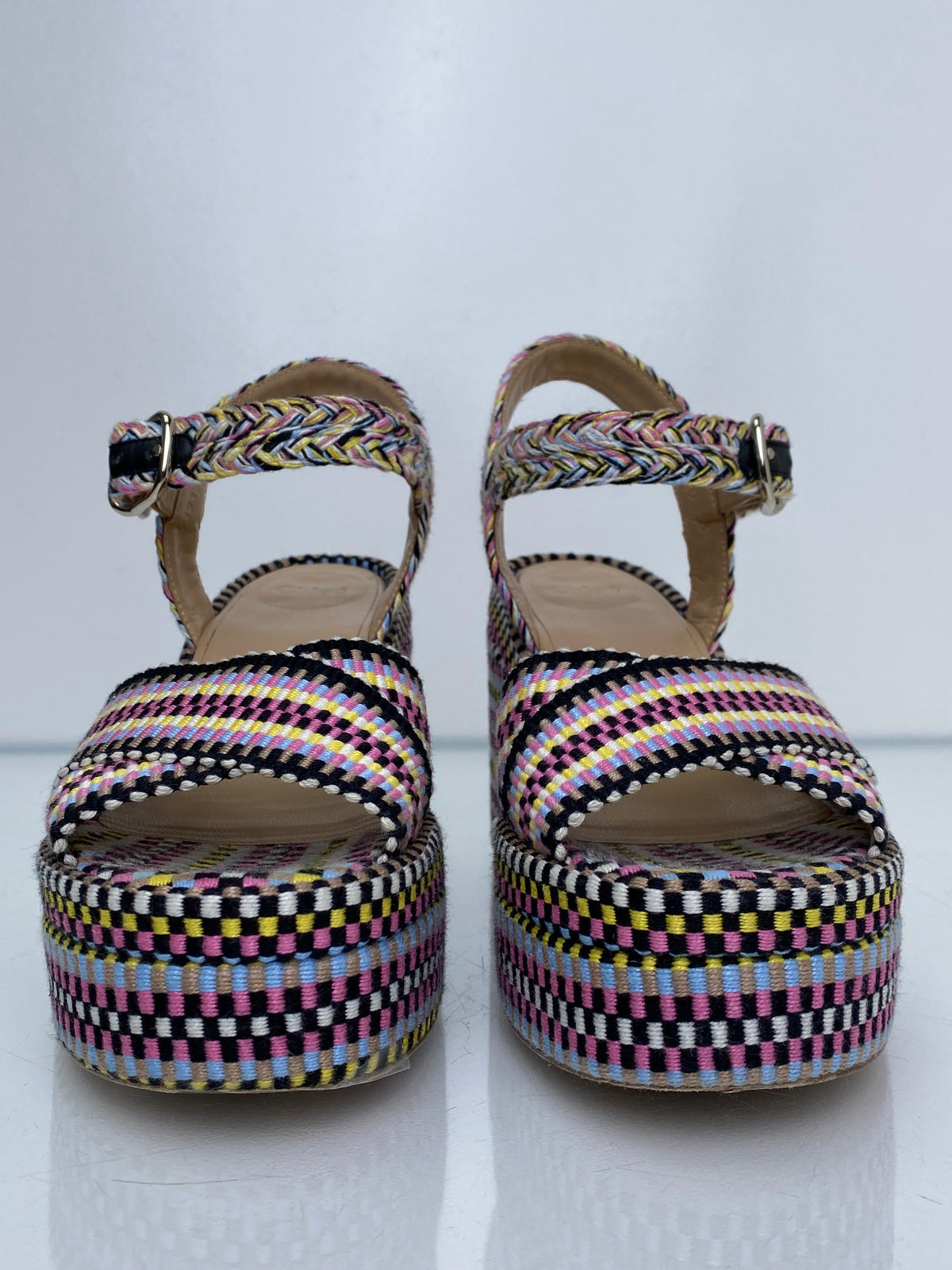 Chloe Black, White, & Multicolor Braided Heels, 38