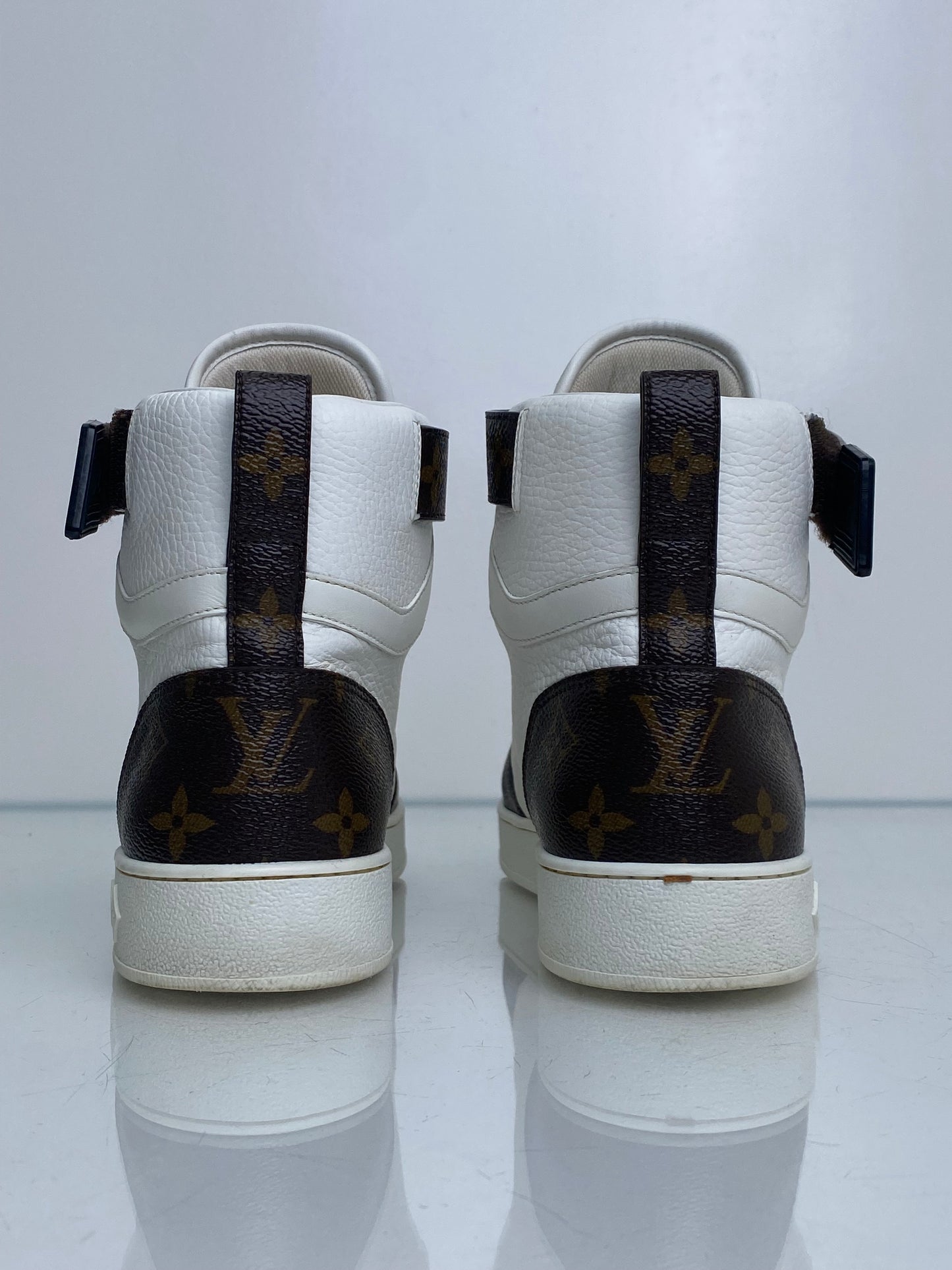 Louis Vuitton White, Monogram, & Reverse Monogram Boombox Sneakers, 38