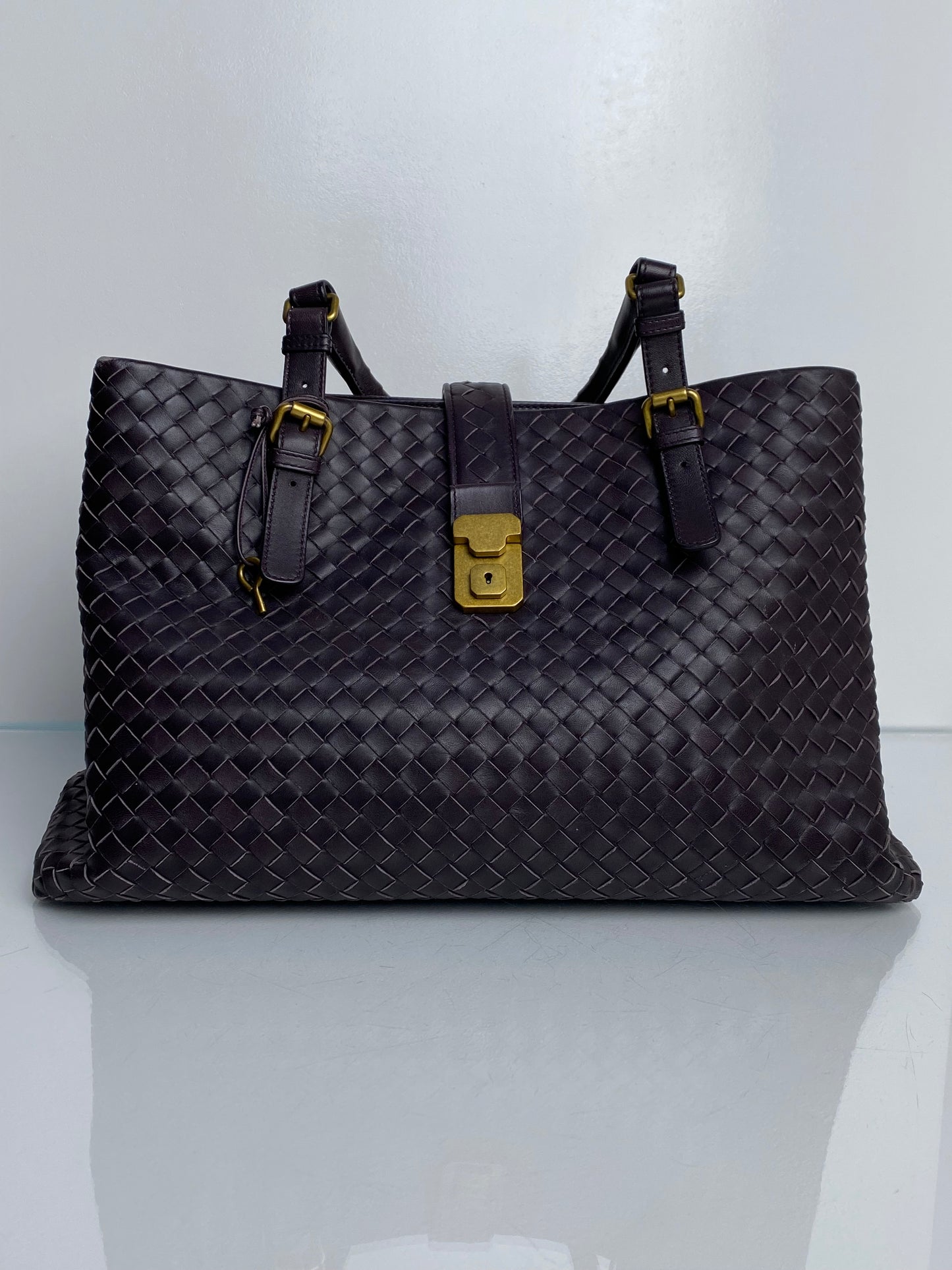 Bottega Veneta Dark Eggplant/Brown Intrecciato Roma Tote Bag GHW