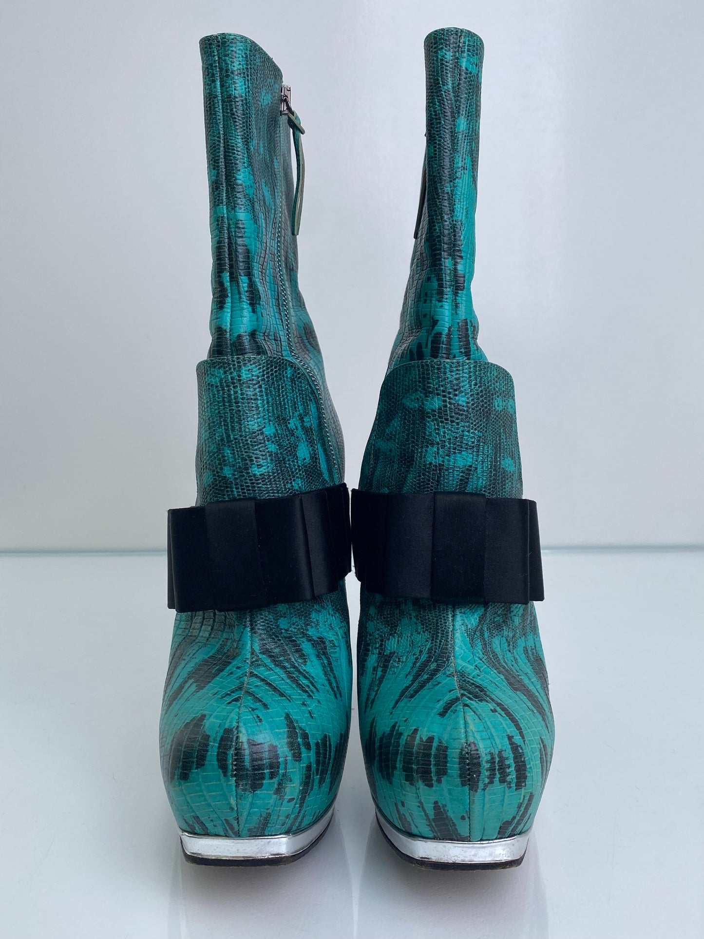Miu Miu Teal, Black, & Burgundy Exotic Platform Boot Heels, 38