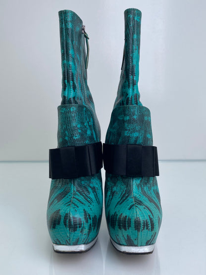 Miu Miu Teal, Black, & Burgundy Exotic Platform Boot Heels, 38