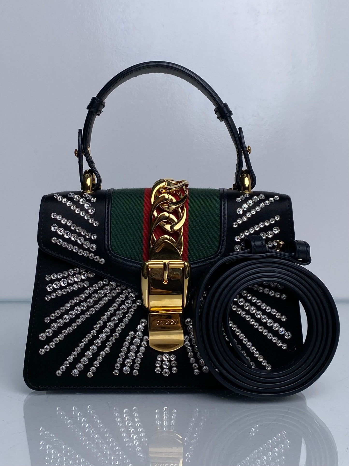 Gucci Black Satin & Webstripe Rhinestone Mini Sylvie Bag GHW (As Is)