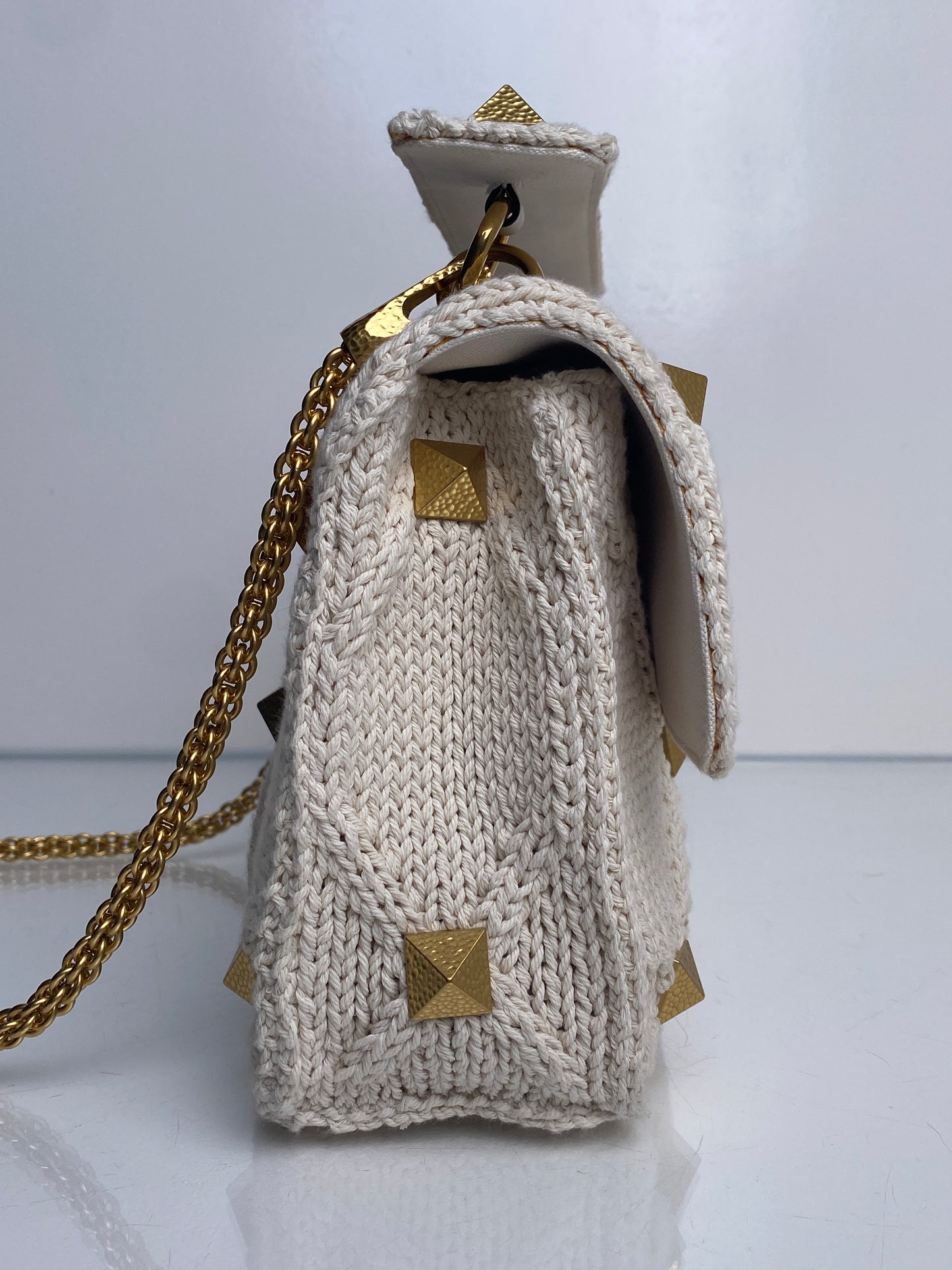 Valentino Cream Knit Roman Stud Medium Bag GHW
