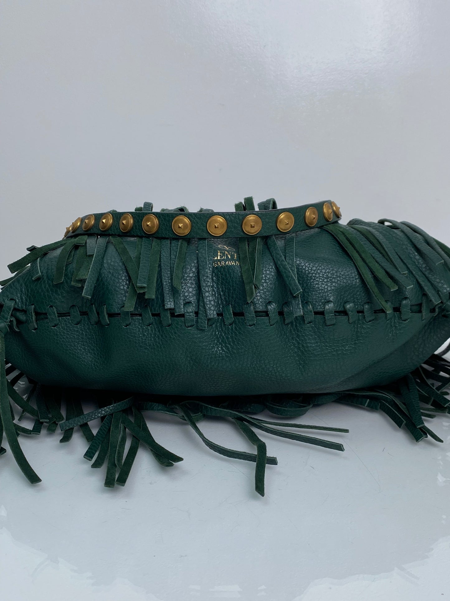 Valentino Green Leather Studded & Tassel Shoulder Bag