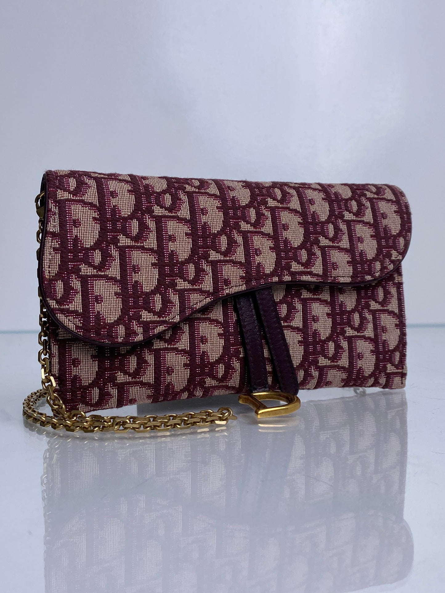 Dior Burgundy Oblique Saddle Wallet on Chain Bag GHW
