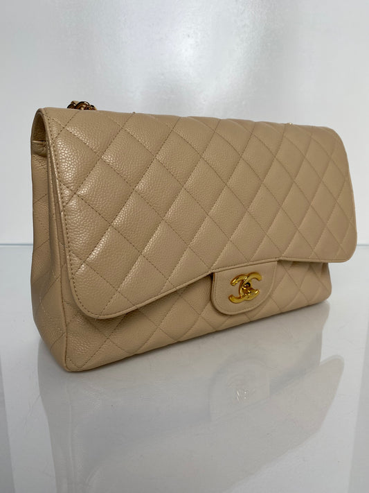 Chanel Beige Caviar Single Flap Bag GHW #13