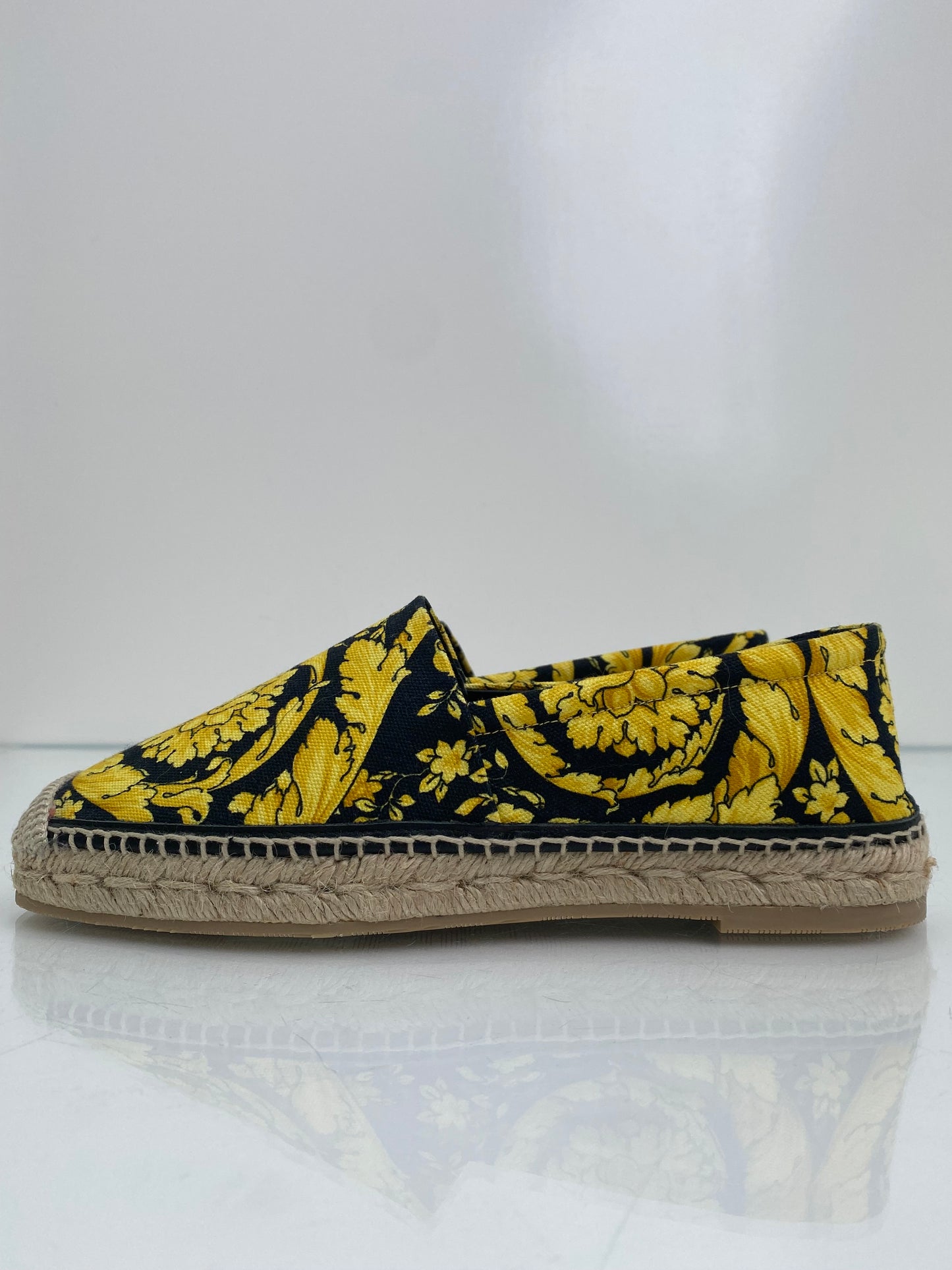 Versace Gold & Black Patterned Canvas Espadrille Flats, 39
