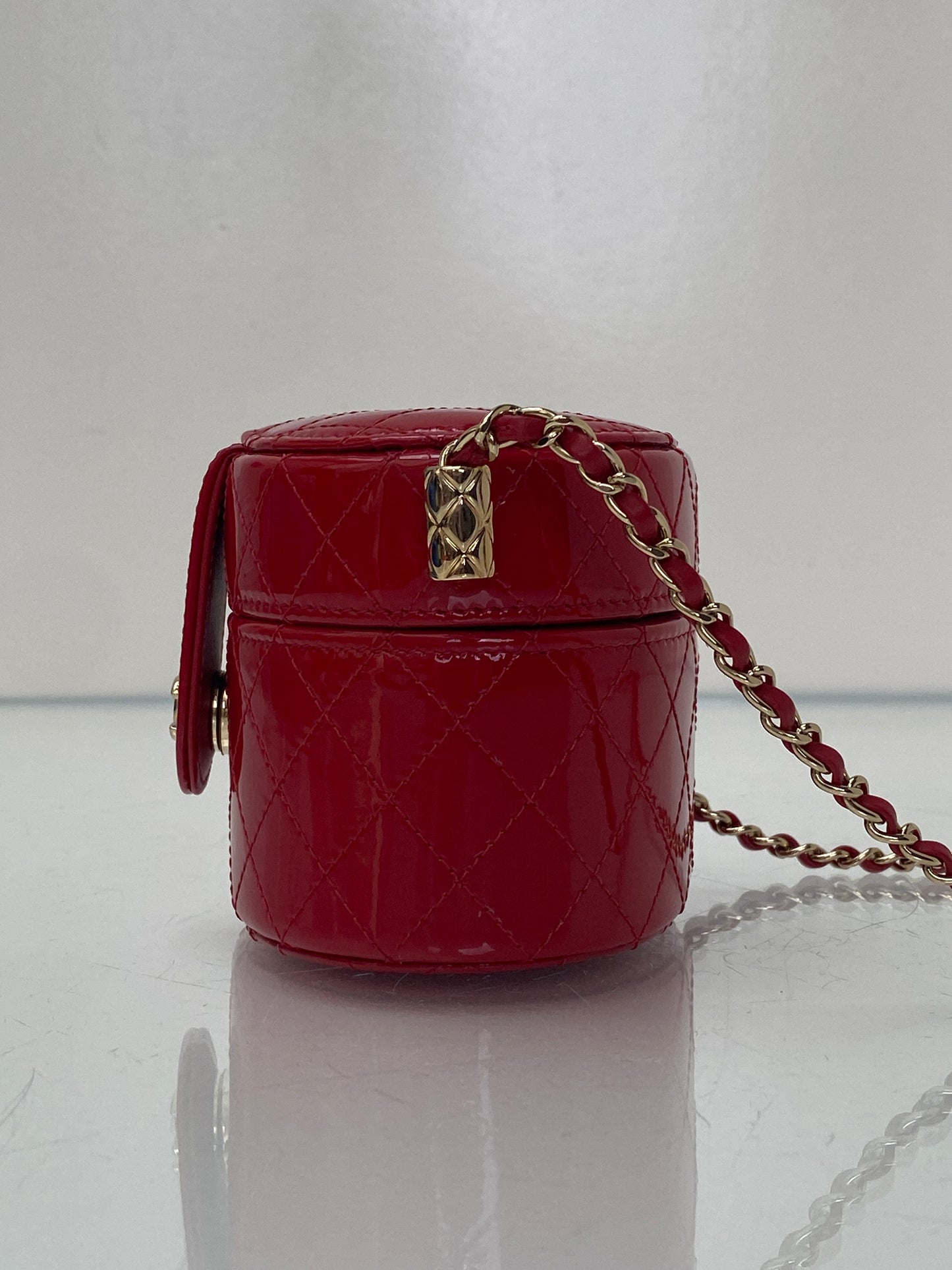 Chanel Red Patent Quilted Small Round Vanity GHW