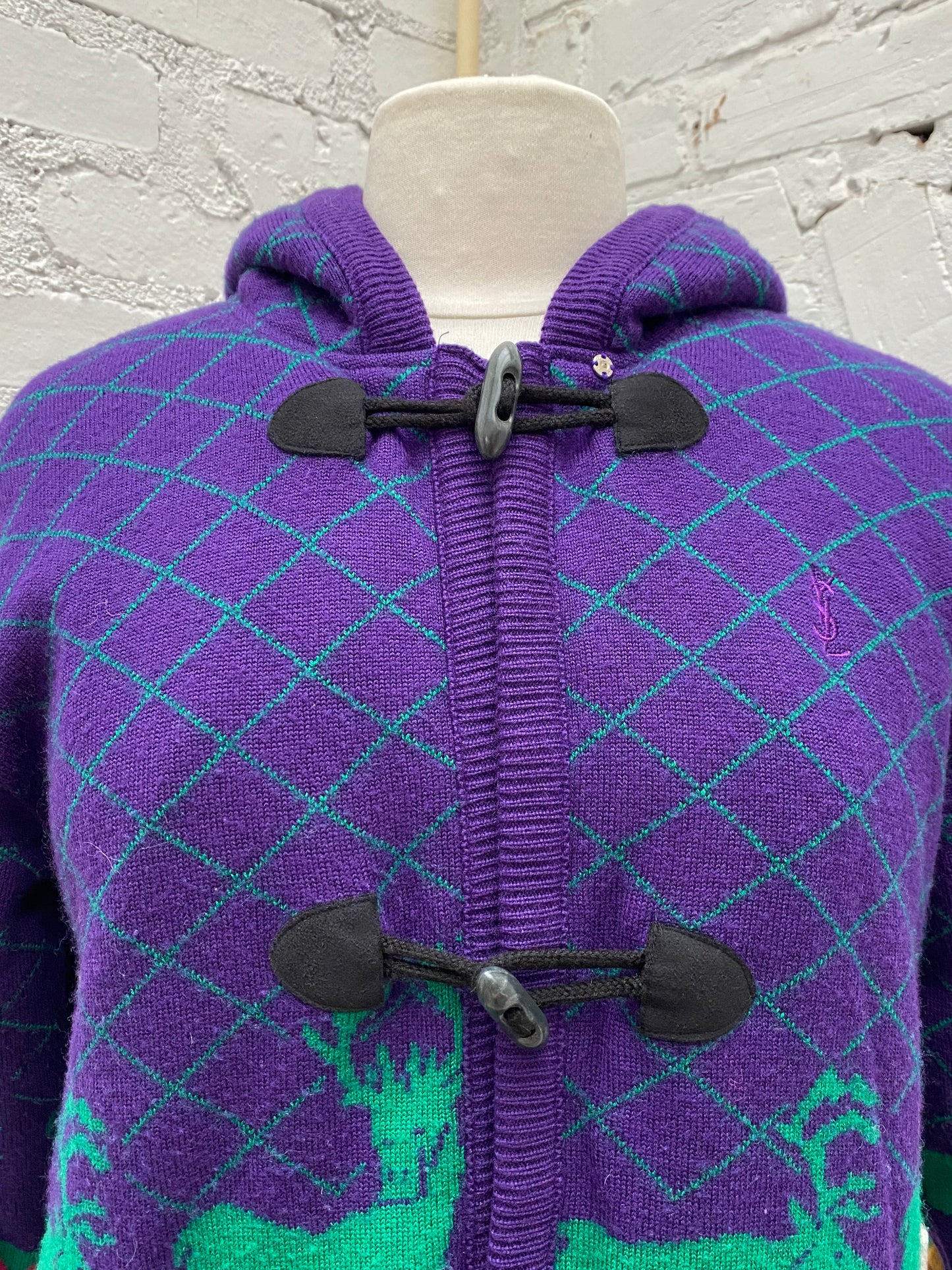 YSL Purple, Green, & Multicolor Deer Pattern Hooded Knit Jacket, EST S/M