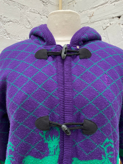 YSL Purple, Green, & Multicolor Deer Pattern Hooded Knit Jacket, EST S/M
