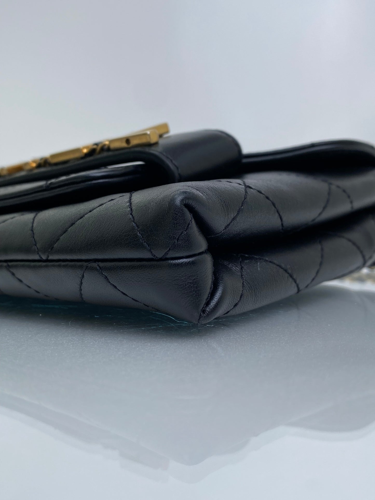 Chanel Black Logo Enchained Flap Quilted Calfskin Clutch GHW