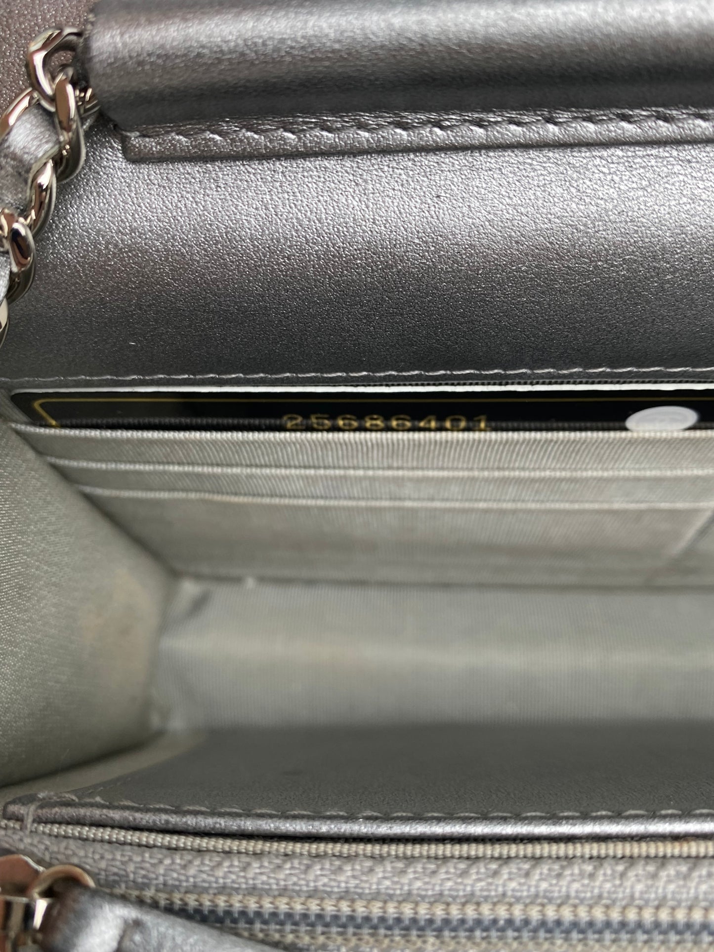 Chanel Silver Crumpled Calfskin Chevron Wallet On Chain Bag SHW #25