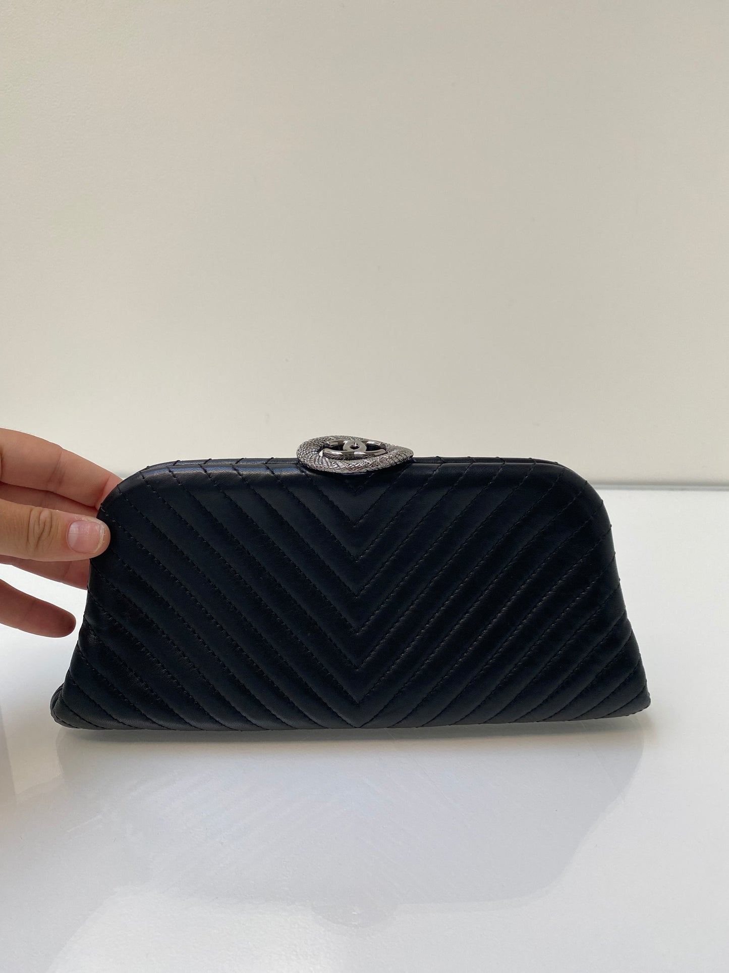 Chanel Surpique Vertical Chevron Black Lambskin Clutch