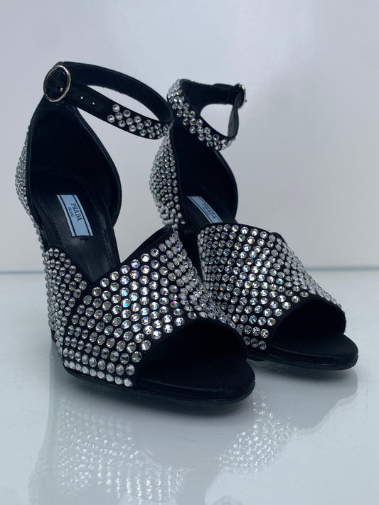 Prada Crystal/Black Ankle Wrap Heels, 37