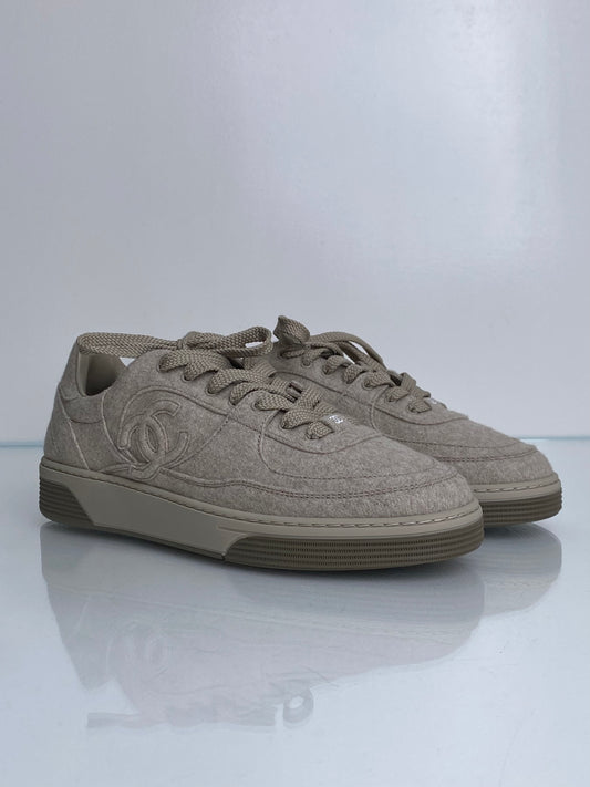 Chanel Cream Suede CC Logo Sneakers, 38.5