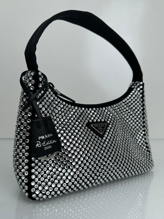 Prada Black Crystal Re-Edition Shoulder Bag SHW