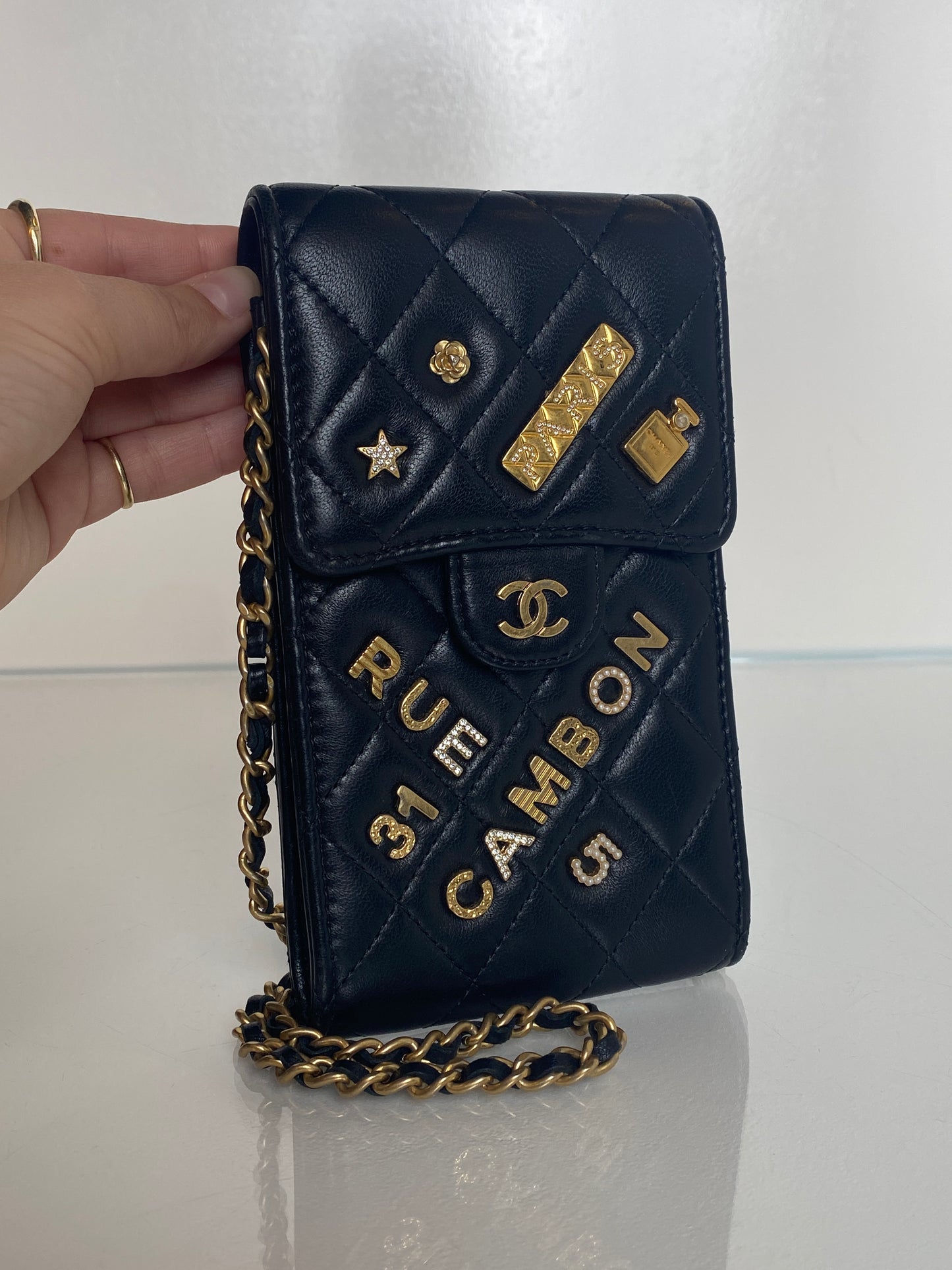 Chanel Black Quilted Lambskin Rue Cambon Phone Holder Crossbody Bag GHW