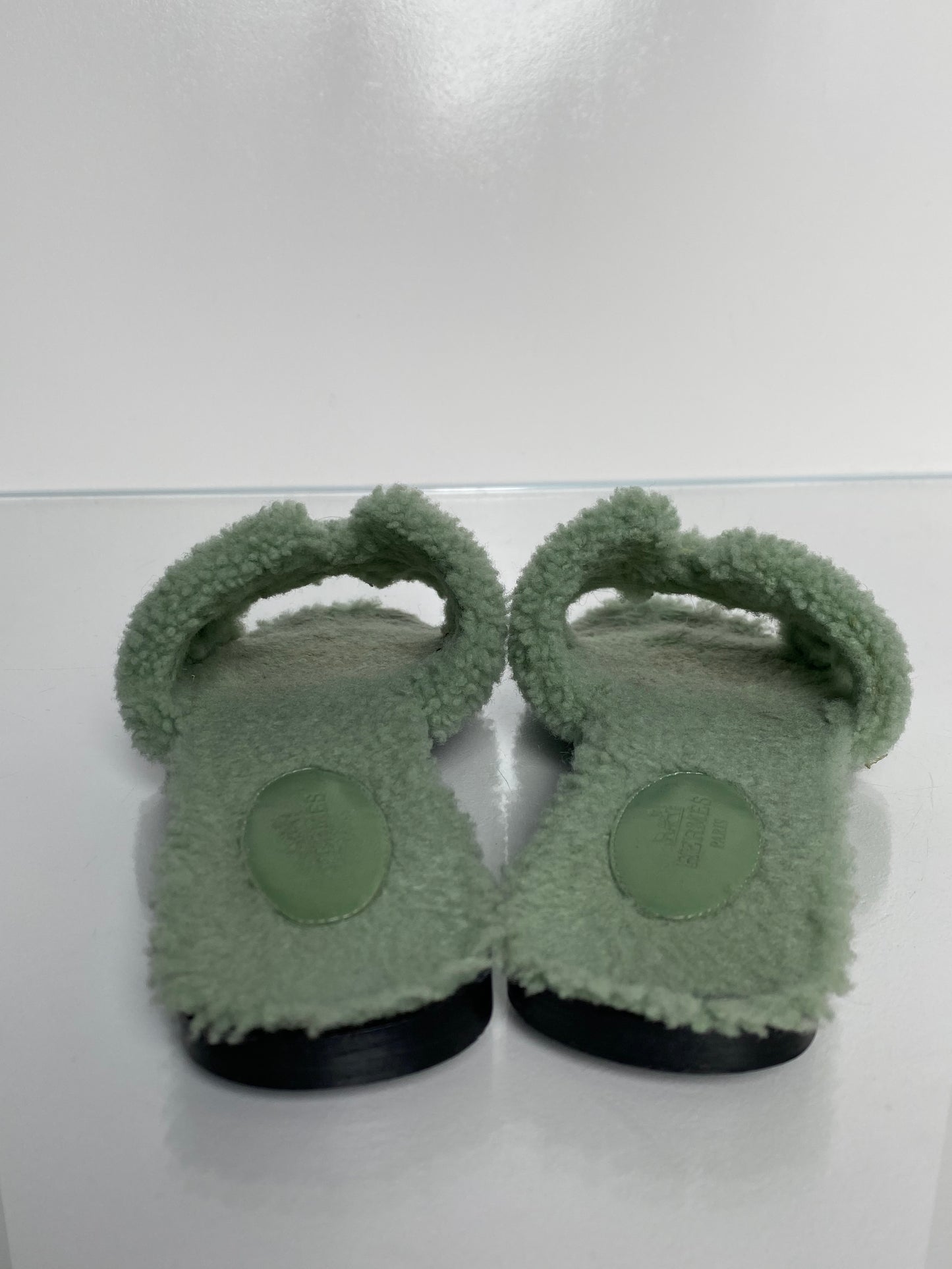 Hermes Light Green Sherpa Oran Sandals, 38.5