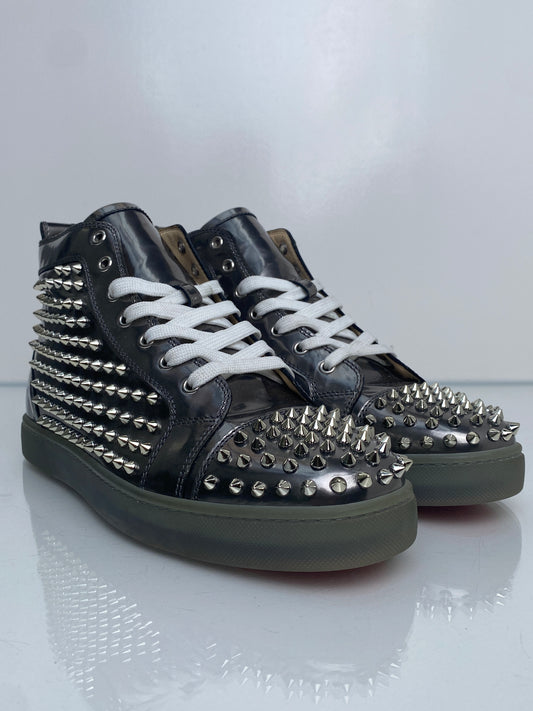 Christian Louboutin Metallic Silver Patent Leather Spiked High-Top Sneakers, 43