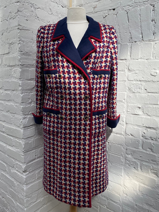 Chanel Red, Navy, & Cream Long Tweed Houndstooth Coat, EST L