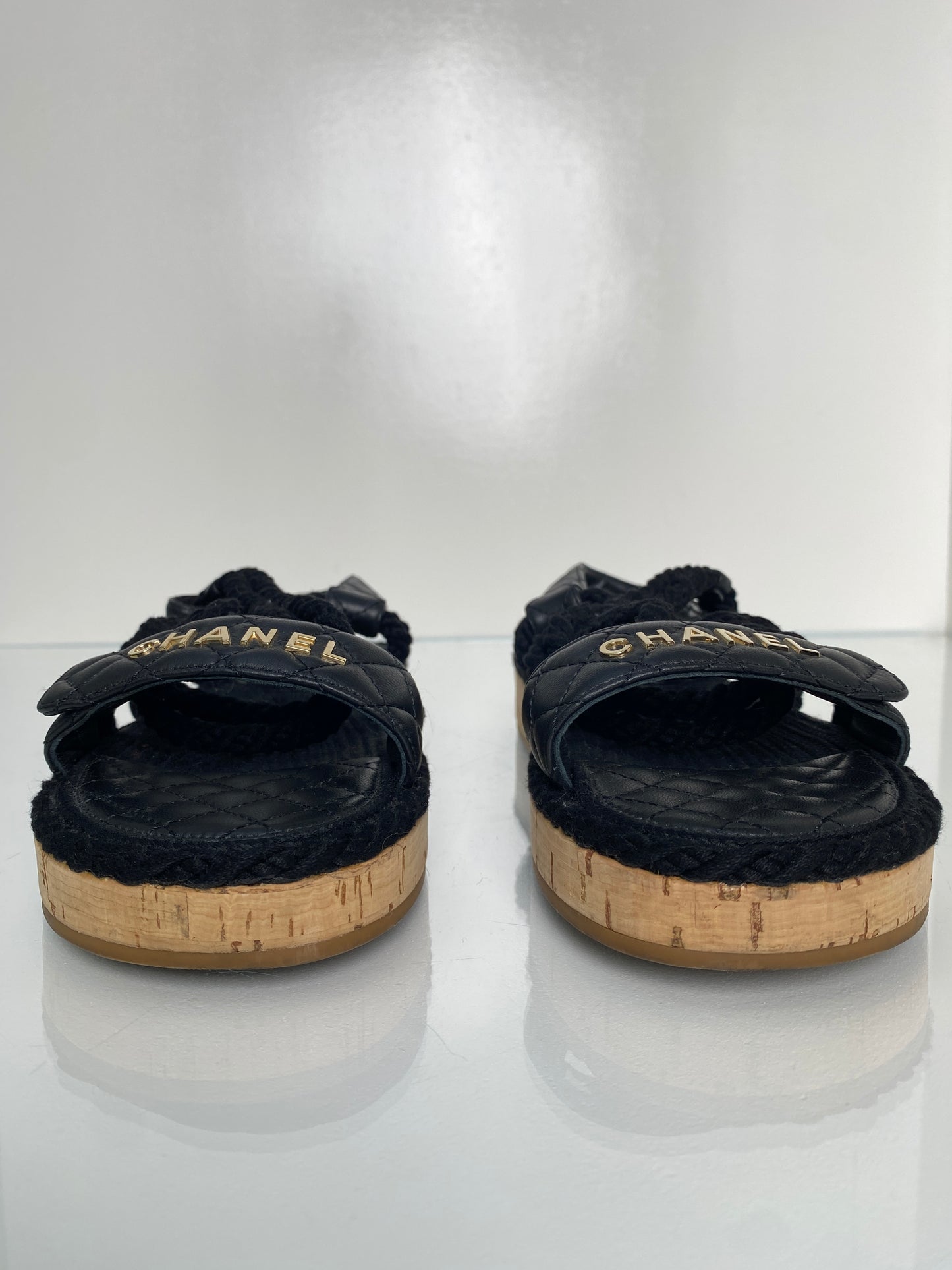Chanel Black Logo Quilted Rope Sandals, 40