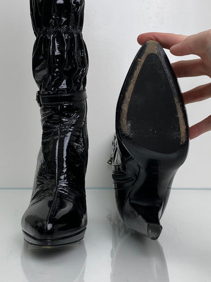 Prada Black Patent Cinched Boots, 37.5