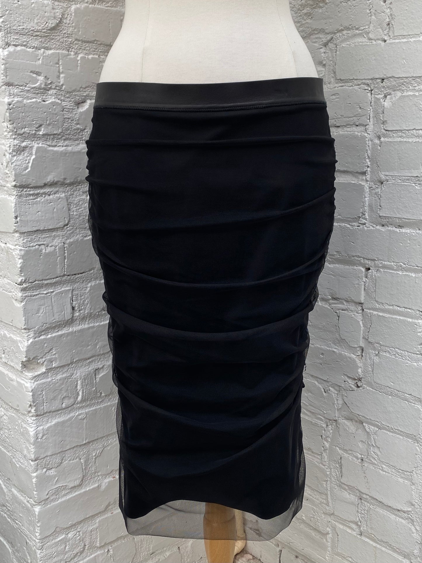 Tom Ford Black Leather, Silk, & Tulle Midi Skirt, 44