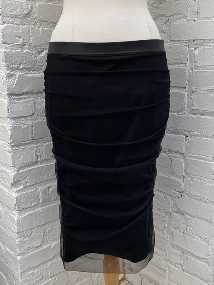Tom Ford Black Leather, Silk, & Tulle Midi Skirt, 44
