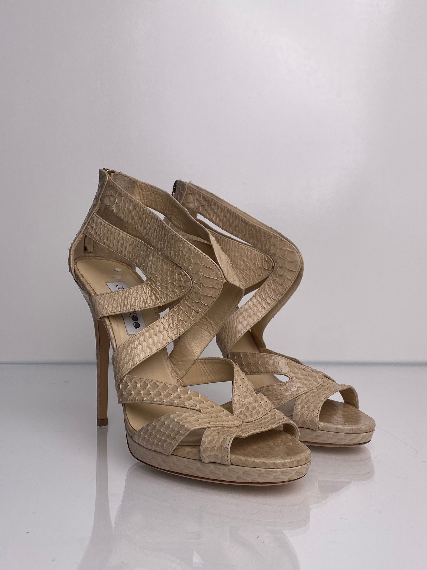 Jimmy Choo Tan Snakeskin Zip Heels, 42