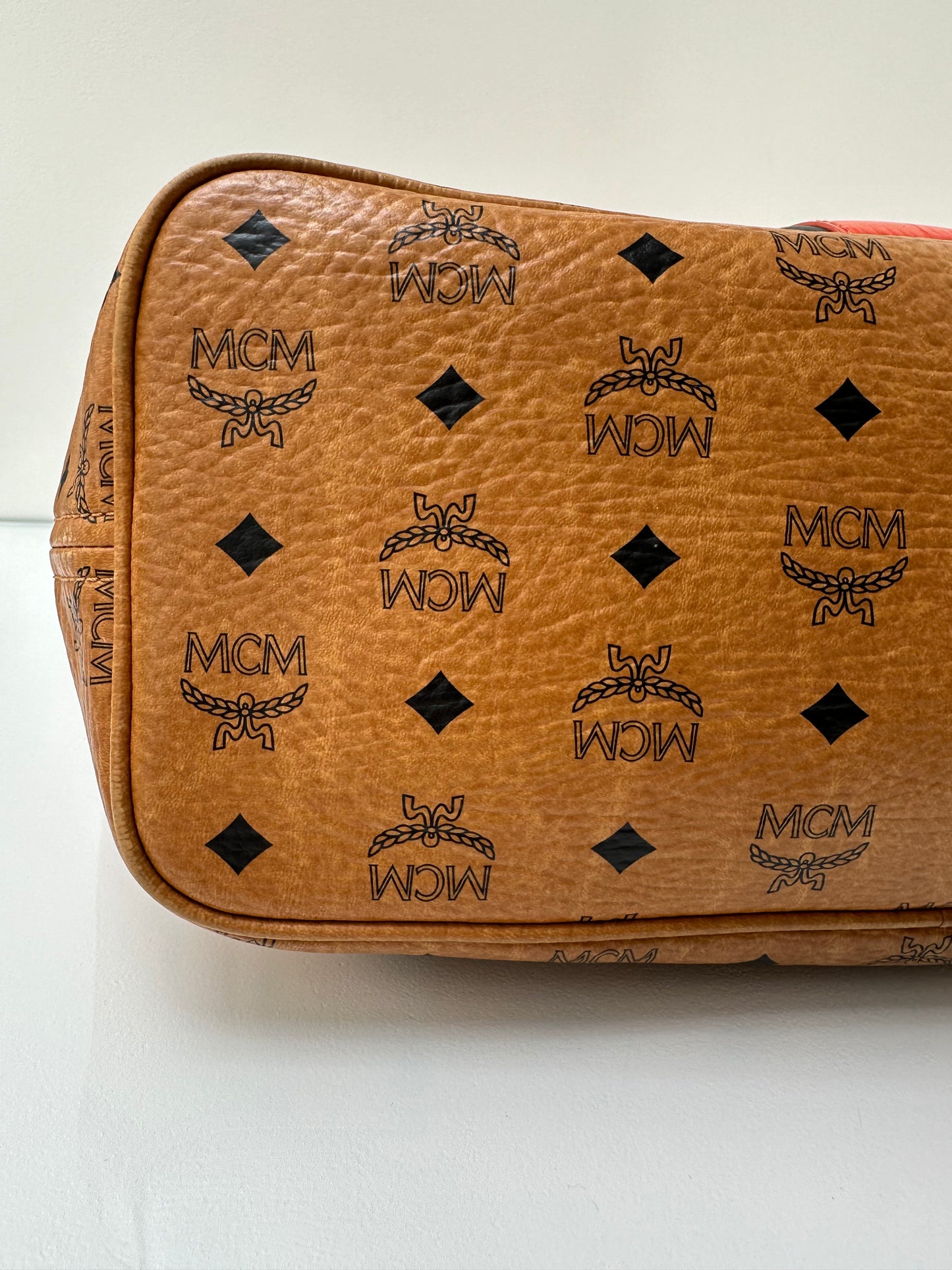 MCM Tan Logo Tote Orange Embossed Stripe