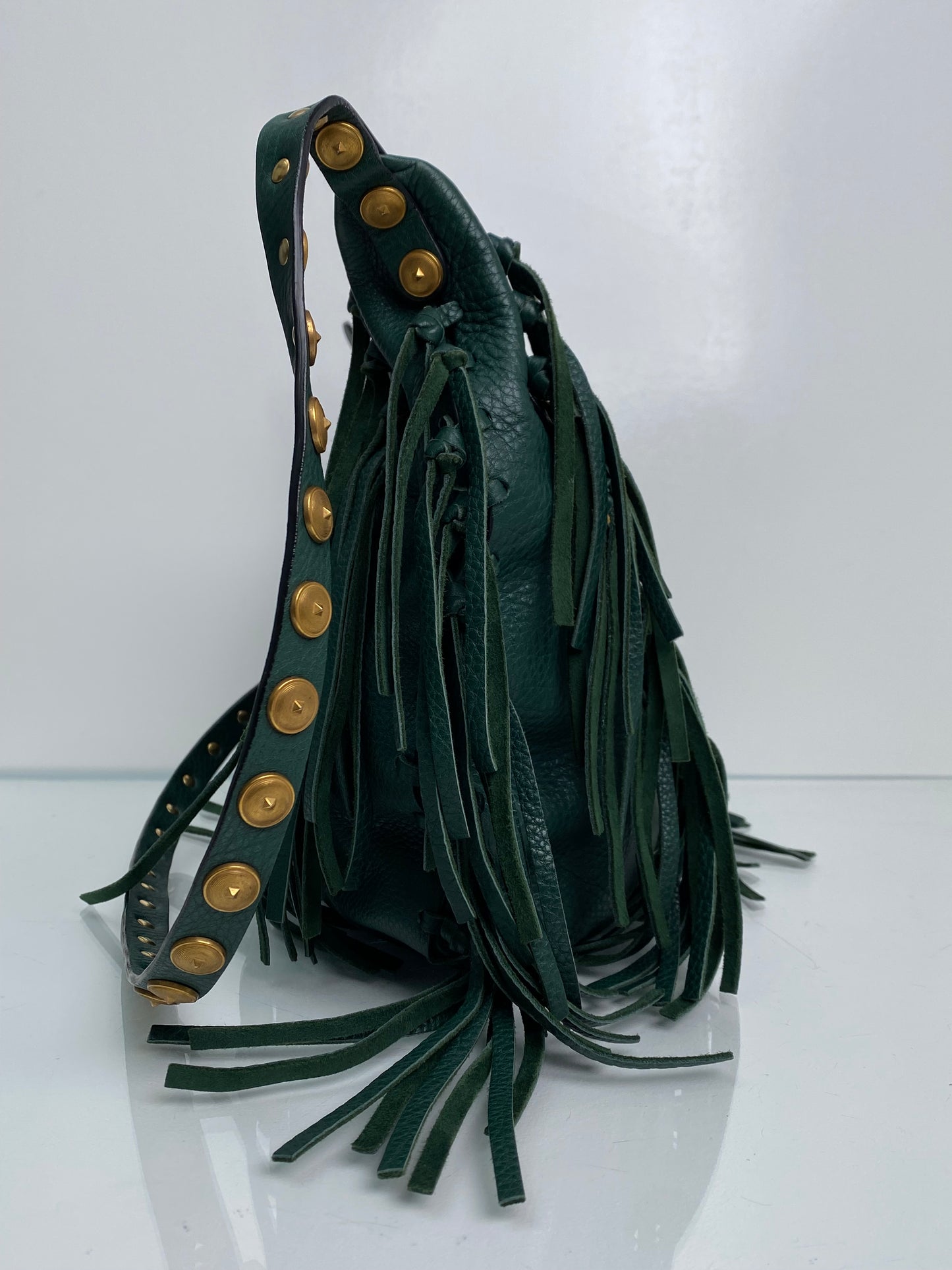 Valentino Green Leather Studded & Tassel Shoulder Bag