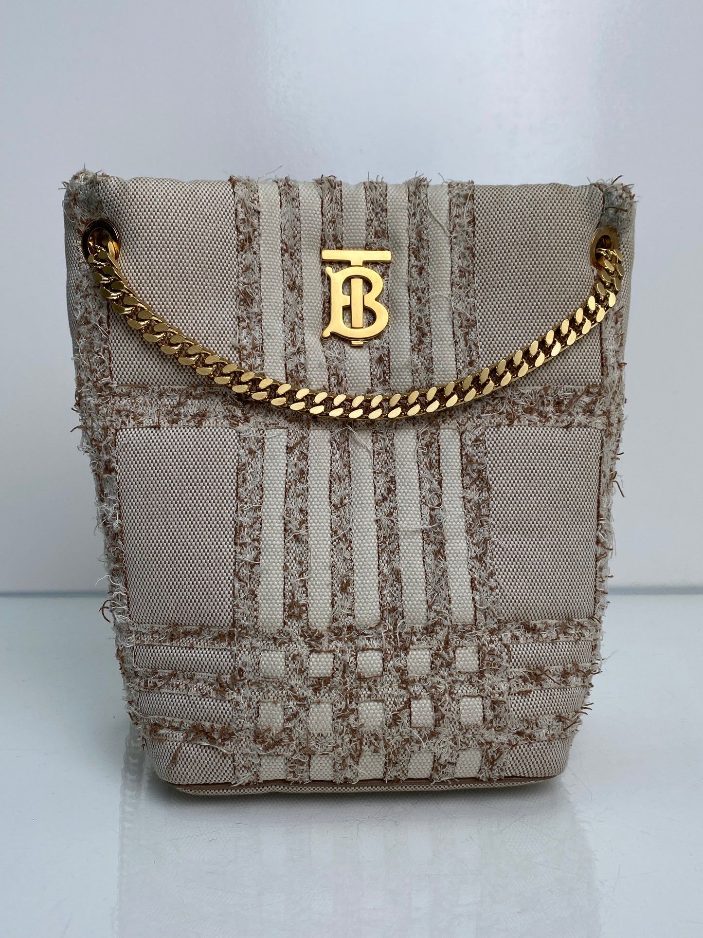 Burberry Tan & Beige Lola Needle Punch Check Canvas Small Bucket Bag GHW