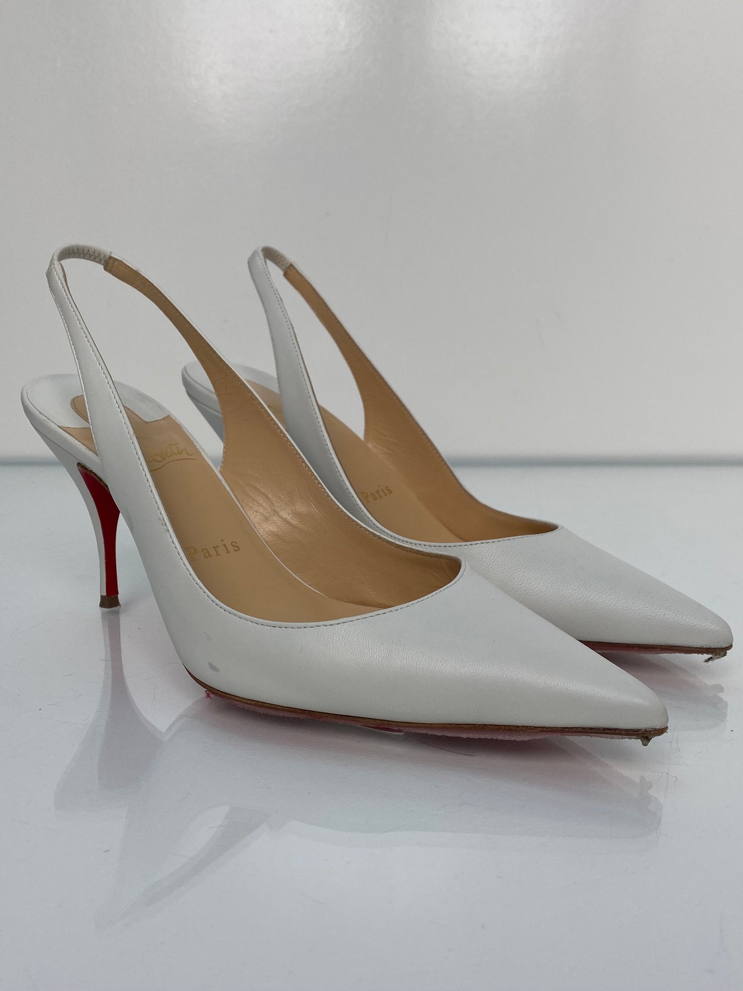 Christian Louboutin White Patent Sling 80 Pumps, 38