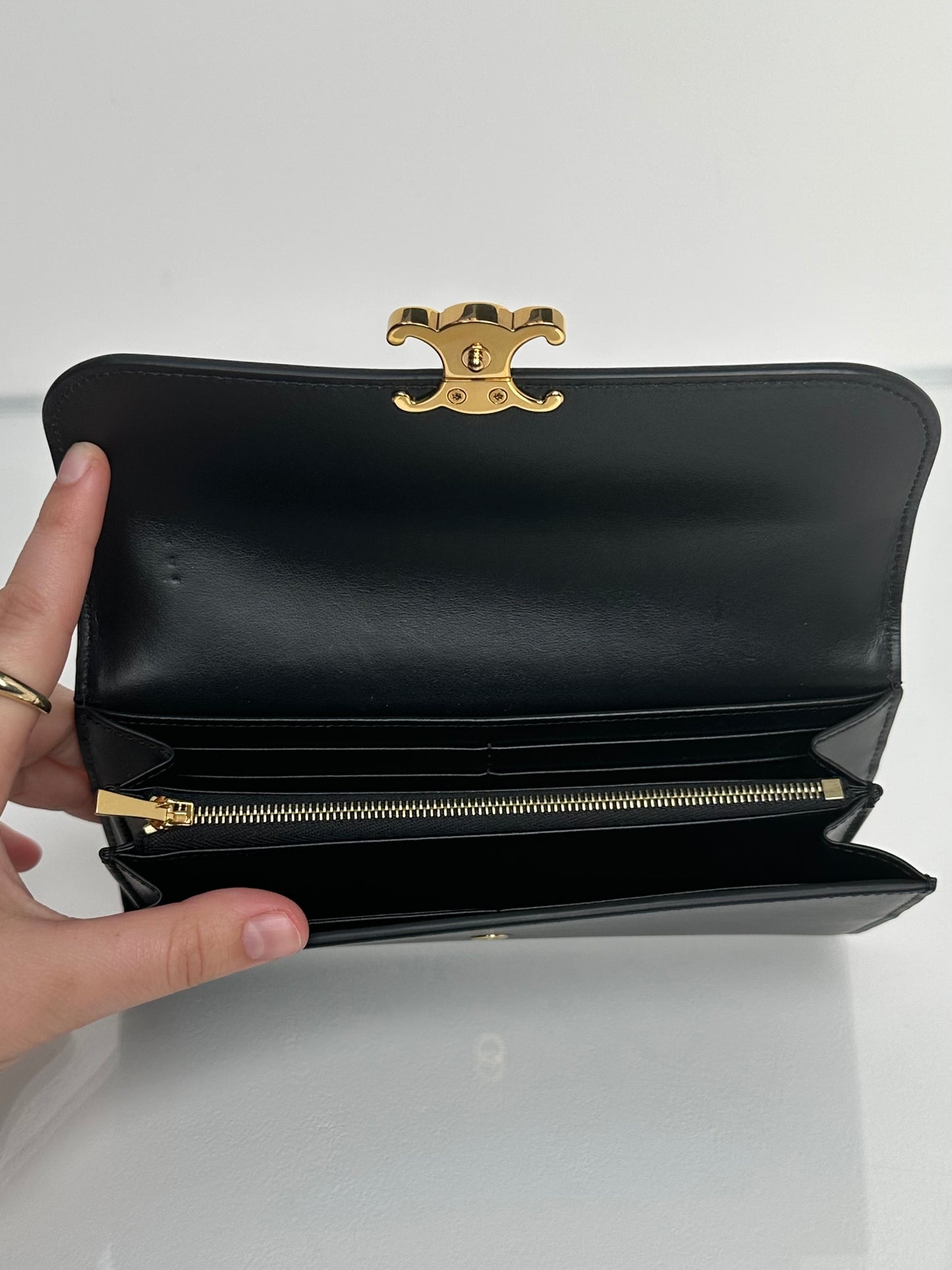 Celine Black Shiny Calfskin Large Triomphe Wallet GHW